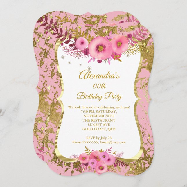 Blush Pink Flowers Gold Birthday Party 2 Invitation (Front/Back)