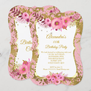 Blush Pink Flowers Gold Birthday Party 2 Invitation