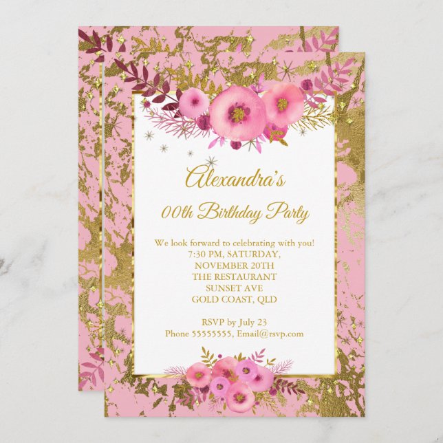 Blush Pink Flowers Gold Birthday Party Invitation (Front/Back)