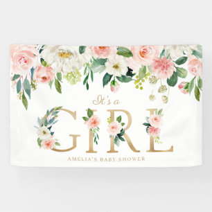 Blush Pink Flowers Gold It's a Girl Baby Shower Banner