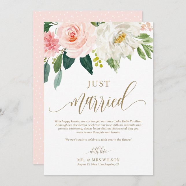 Blush Pink Flowers Gold Just Married Wedding Announcement (Front/Back)