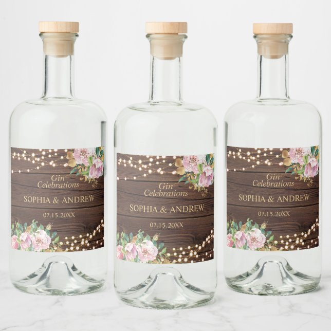 Blush Pink Flowers & Gold Wedding Wood Liquor Bottle Label (Bottles)