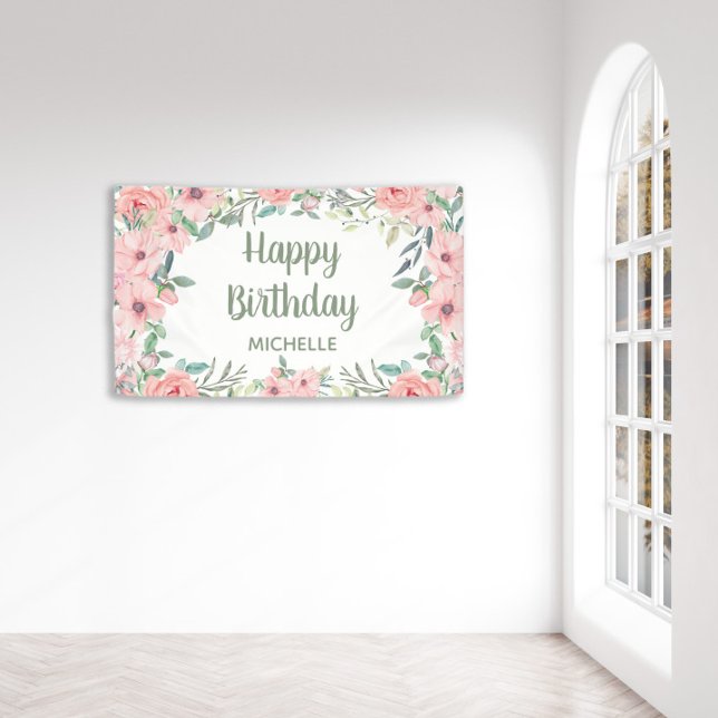 Blush Pink Flowers Green Leaves Happy Birthday Banner (Soft pink watercolor floral custom "Happy birthday" banner personalized with a name
 )