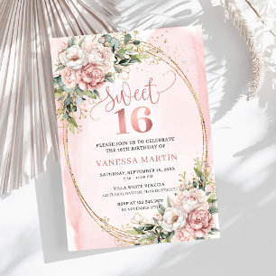 Blush Pink Flowers Greenery 16th Birthday Party  Invitation