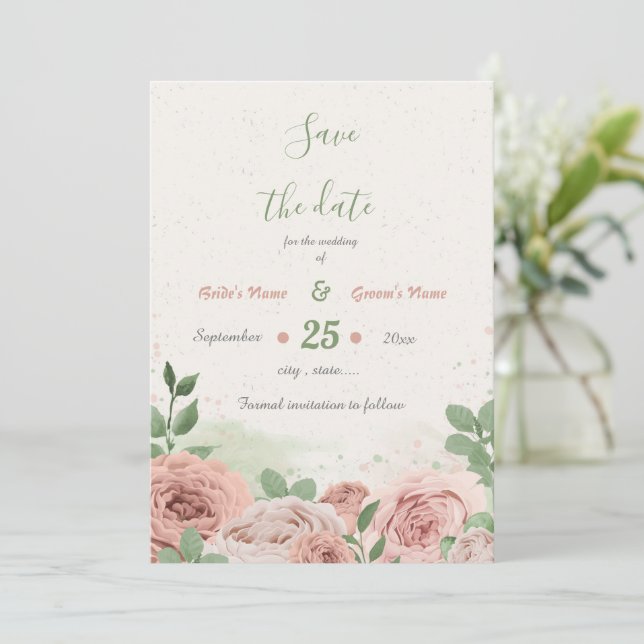 blush pink flowers greenery botanical save the date (Standing Front)