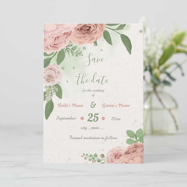 blush pink flowers greenery botanical save the date (Standing Front)