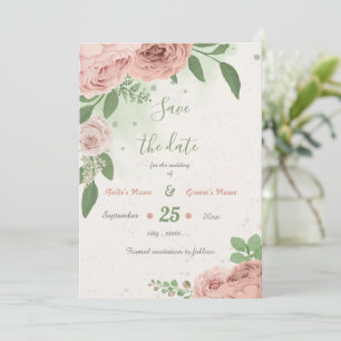 blush pink flowers greenery botanical save the date