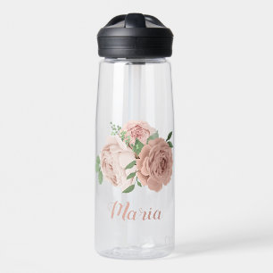 blush pink flowers greenery botanical water bottle