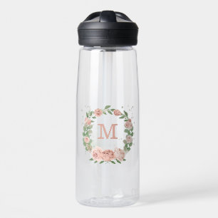 blush pink flowers greenery botanical water bottle