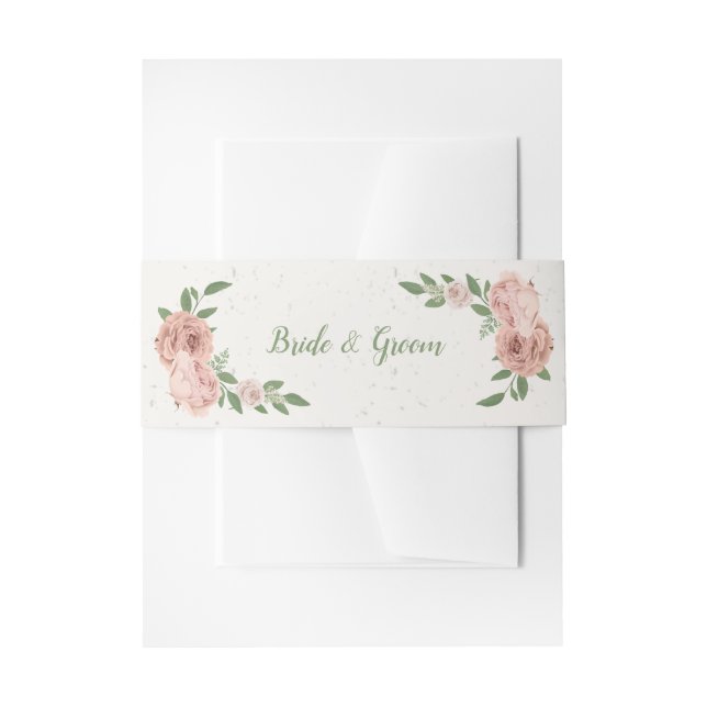 blush pink flowers greenery botanical wedding invitation belly band (Front Example)