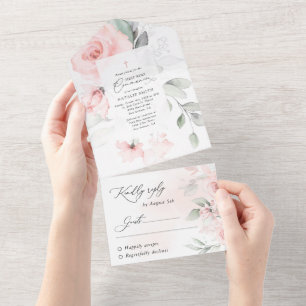 Blush Pink Flowers, Greenery, First Holy Communion All In One Invitation