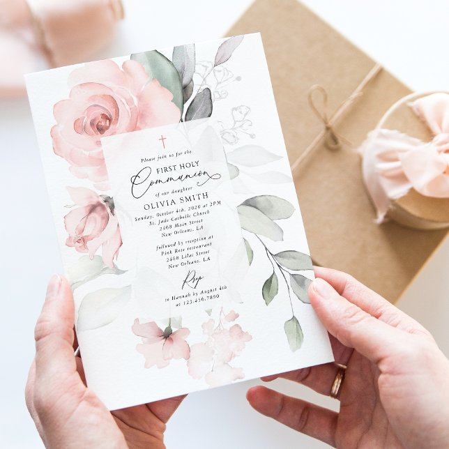 Blush Pink Flowers, Greenery, First Holy Communion Invitation (Creator Uploaded)