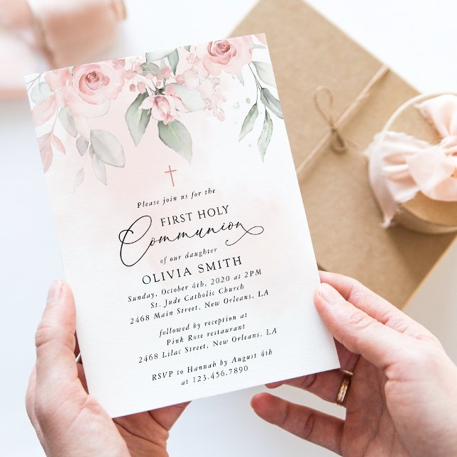 Blush Pink Flowers, Greenery, First Holy Communion Invitation (Creator Uploaded)