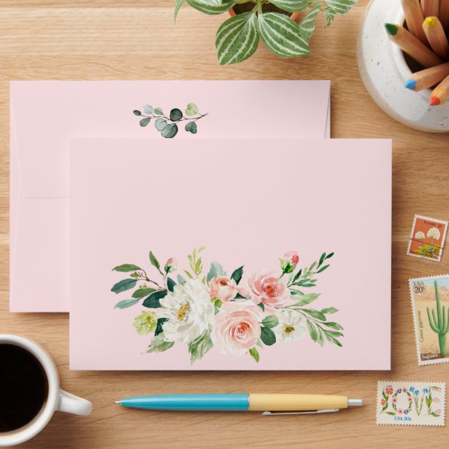Blush Pink Flowers Greenery Watercolor Envelope (Desk)