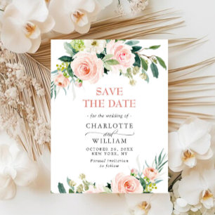 Blush Pink Flowers Greenery Wedding Save the Date Postcard