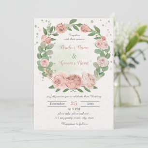 blush pink flowers greenery wreath wedding invitation