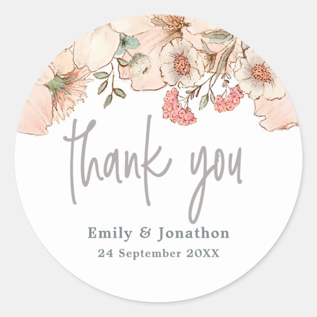 Blush Pink Flowers Grey Script Thank You Names Classic Round Sticker (Front)
