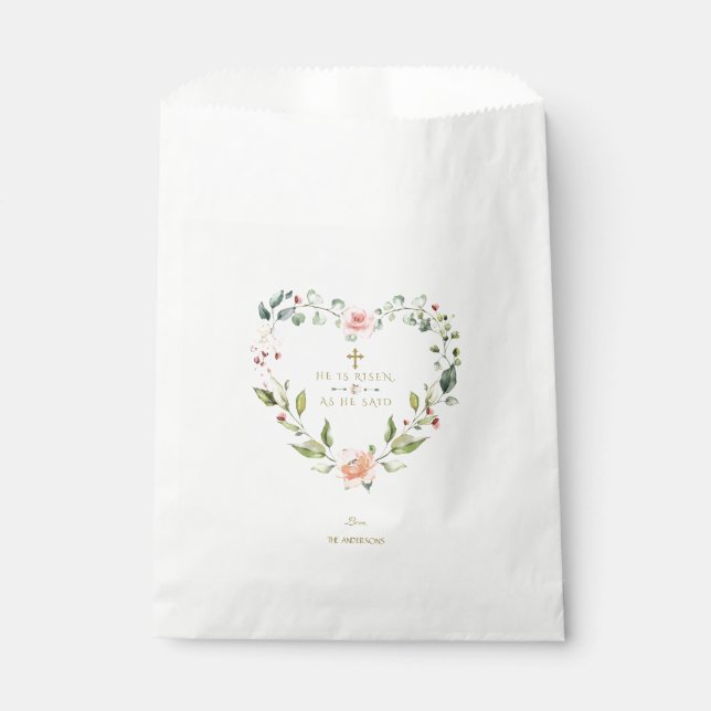 Blush Pink Flowers He Is Risen Gold Easter Favour Bag (Front)