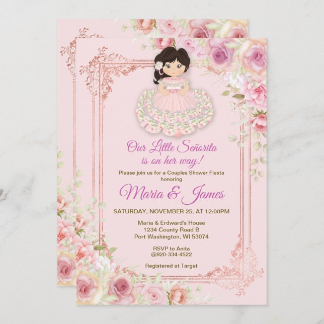 Blush Pink Flowers Mexican Fiesta Couples shower  Invitation (Front/Back)