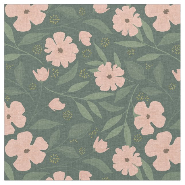 Blush Pink Flowers on Hunter Green Floral Pattern Fabric (Close Up)