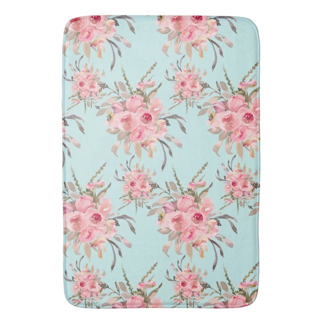 Blush Pink Flowers on Light Blue Bath Mat (Front Vertical)