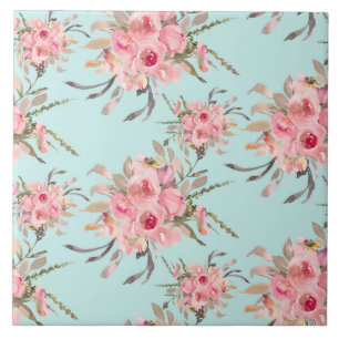 Blush Pink Flowers on Light Blue Ceramic Tile