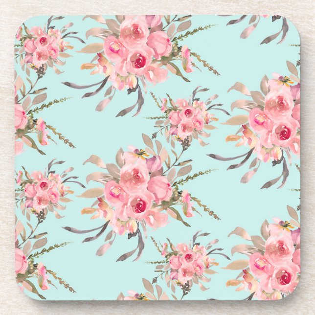 Blush Pink Flowers on Light Blue Coaster (Front)