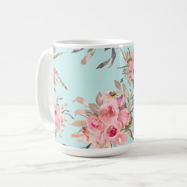 Blush Pink Flowers on Light Blue Coffee Mug (Front Left)