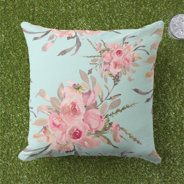 Blush Pink Flowers on Light Blue Cushion (Grass)
