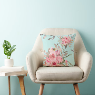 Blush Pink Flowers on Light Blue Cushion