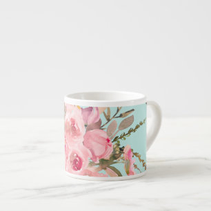 Blush Pink Flowers on Light Blue Espresso Cup
