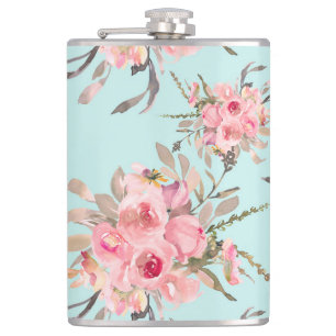 Blush Pink Flowers on Light Blue Hip Flask