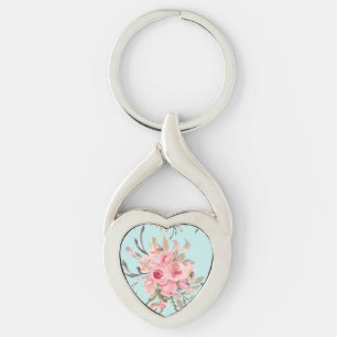Blush Pink Flowers on Light Blue Key Ring