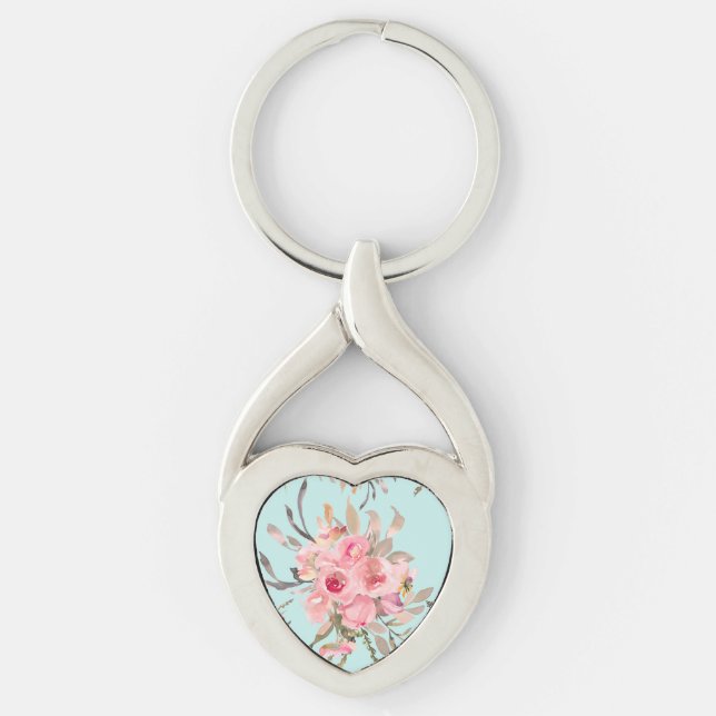 Blush Pink Flowers on Light Blue Key Ring (Front)