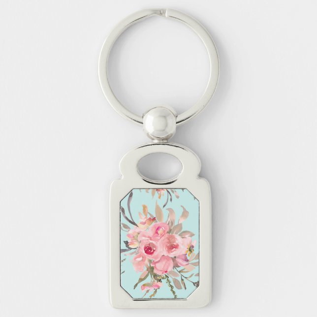 Blush Pink Flowers on Light Blue Key Ring (Front)