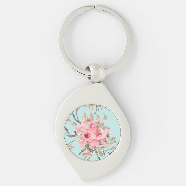 Blush Pink Flowers on Light Blue Key Ring (Front)