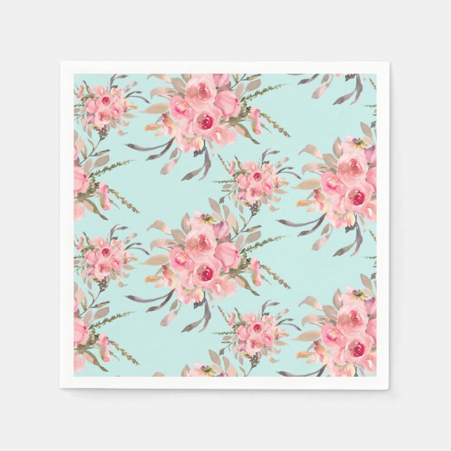 Blush Pink Flowers on Light Blue Napkin (Front)