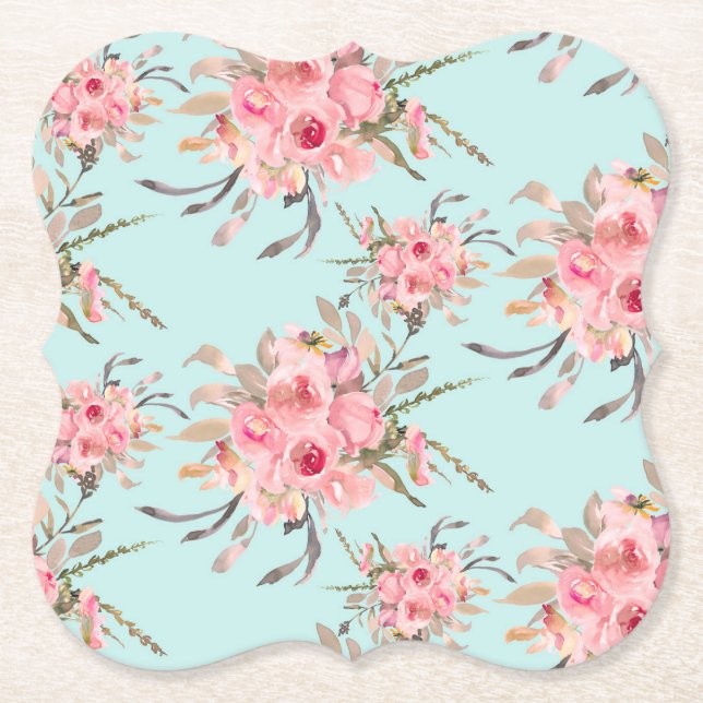 Blush Pink Flowers on Light Blue Paper Coaster (Front)