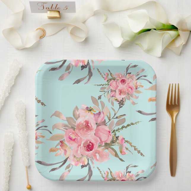 Blush Pink Flowers on Light Blue Paper Plate (Wedding)