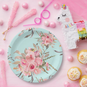 Blush Pink Flowers on Light Blue Paper Plate
