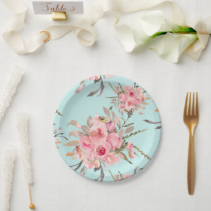 Blush Pink Flowers on Light Blue Paper Plate