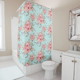 Blush Pink Flowers on Light Blue Shower Curtain
