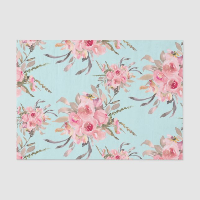 Blush Pink Flowers on Light Blue Tissue Paper (Front)