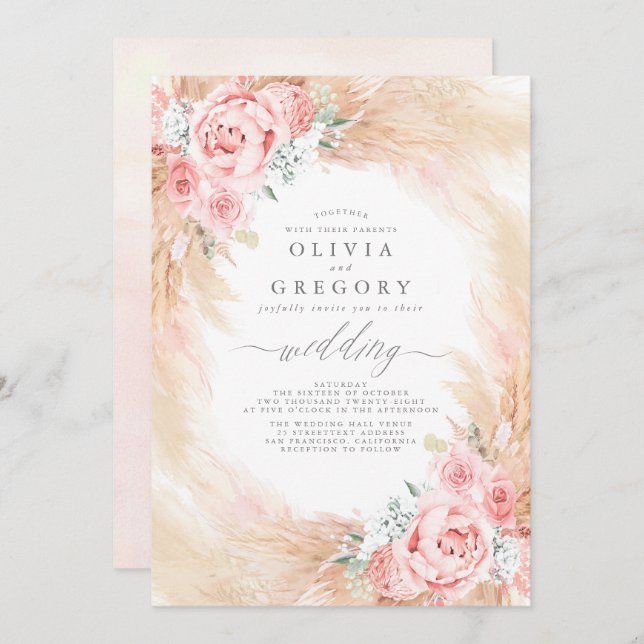 Blush Pink Flowers Pampas Grass Wreath Wedding Invitation (Front/Back)
