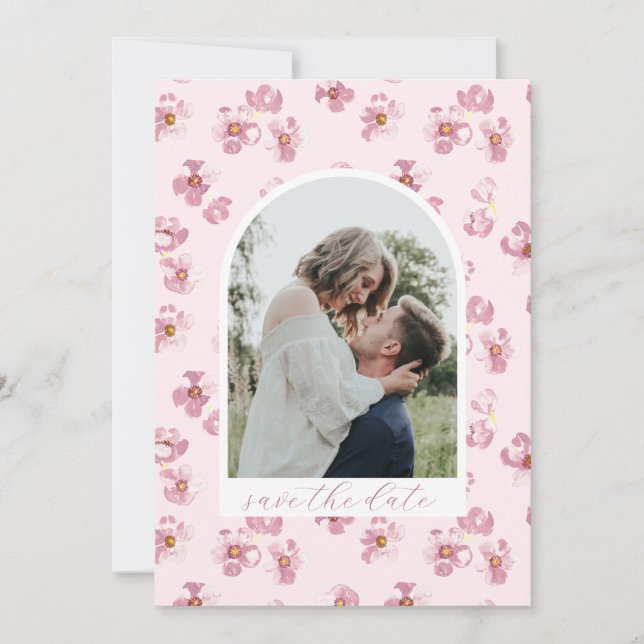 Blush Pink Flowers Romantic Script Arch Photo Save The Date (Front)