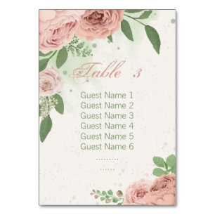 blush pink flowers sage green leaves seating chart table number