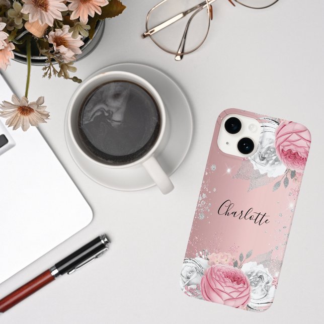 Blush pink flowers silver foliage glitter name  Case-Mate iPhone case (Creator Uploaded)