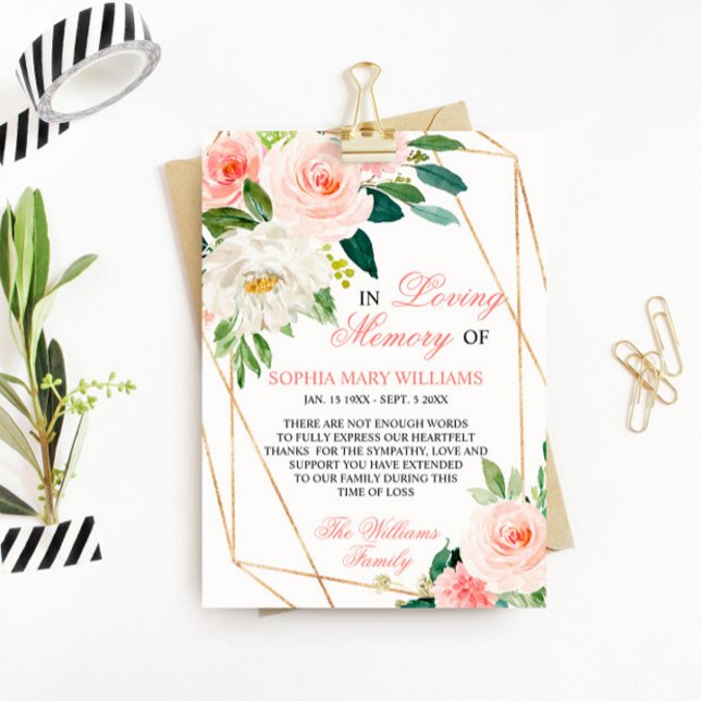 Blush Pink Flowers Sympathy Memory Thank You Card (Creator Uploaded)