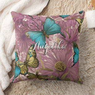 Blush Pink Flowers Teal and Gold Butterflies Cushion