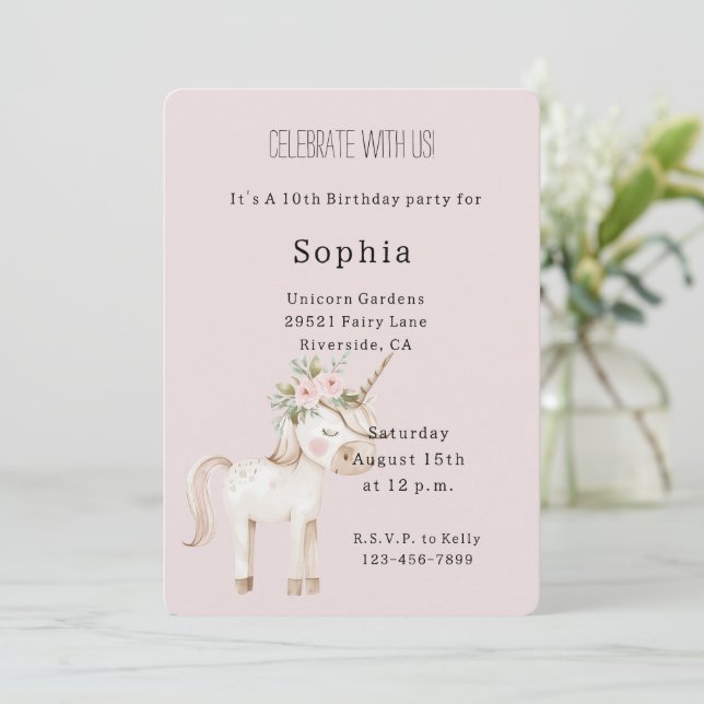 Blush Pink Flowers Unicorn Birthday Invitation (Standing Front)